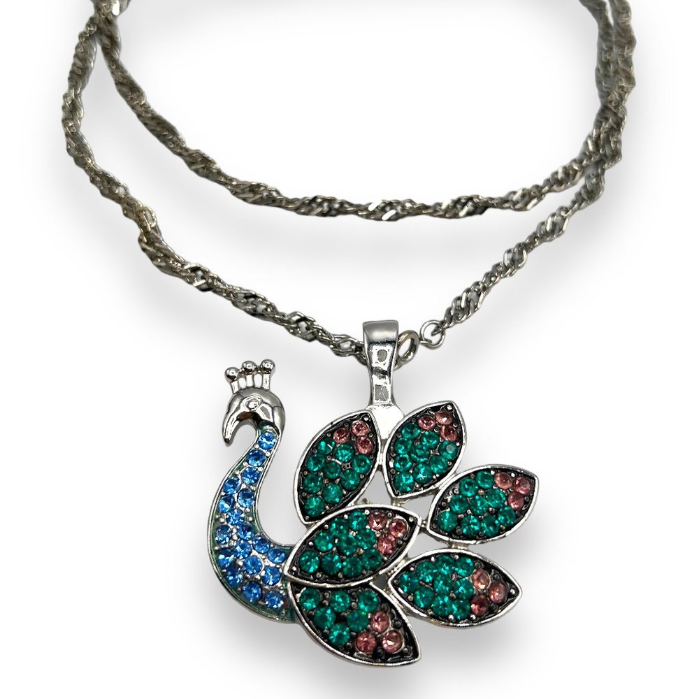 RMN Roman Signed HUGE Green/Blue/Pink Rhinestone PEACOCK Bird Pendant Necklace